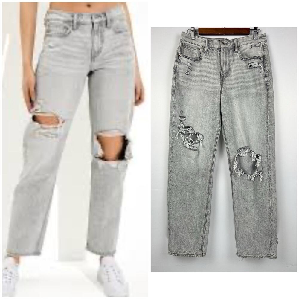 NEW American Eagle 8 Ripped '90s Straight High Waist Jean Gray Wash